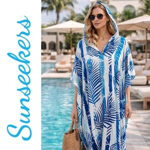 NWT Sun Seekers Jocelyn Silk Blend Hooded Caftan Palm Print Tassel Resort Small